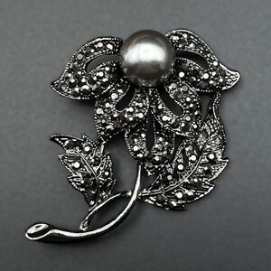 Gunmetal Black with Dark Gray Crystal and Silver Pearl Flower Pin Back Brooch